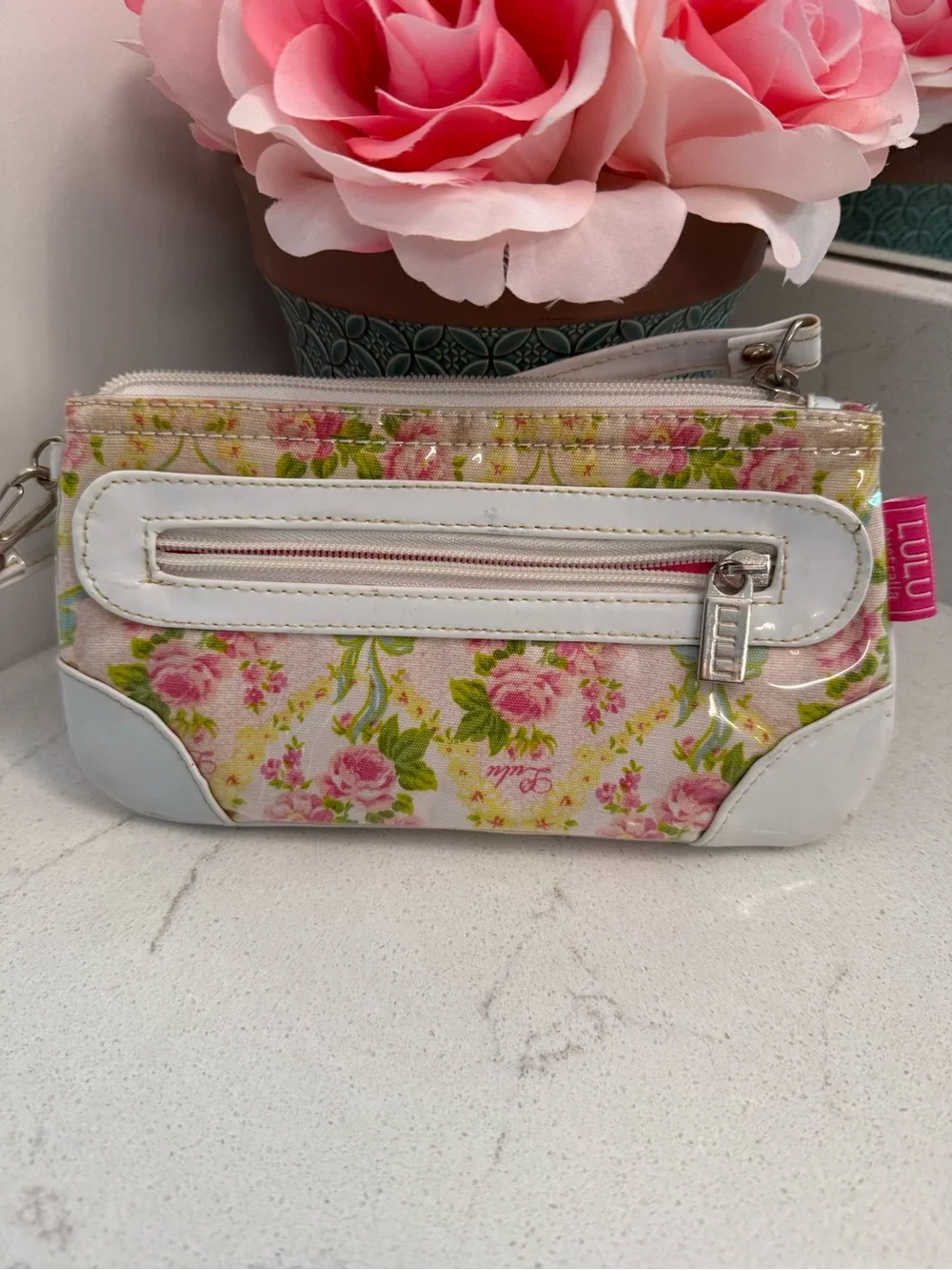 Pink Floral Wristlet Clutch with White Trim